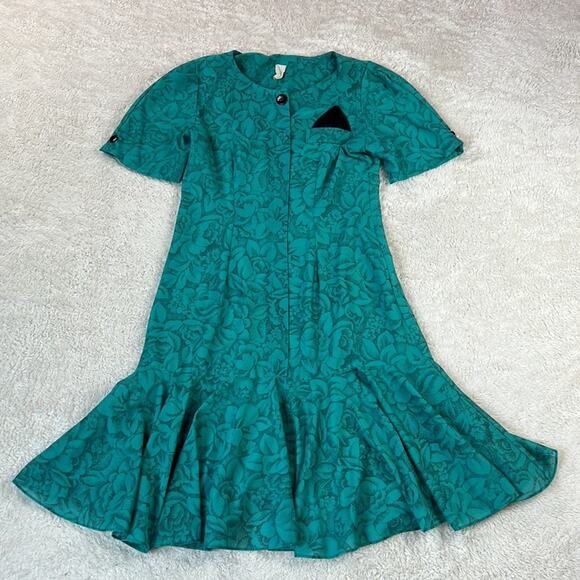 Vintage 80s Unbranded drop waist secretary day dress, size 10 petite - Picture 3 of 9